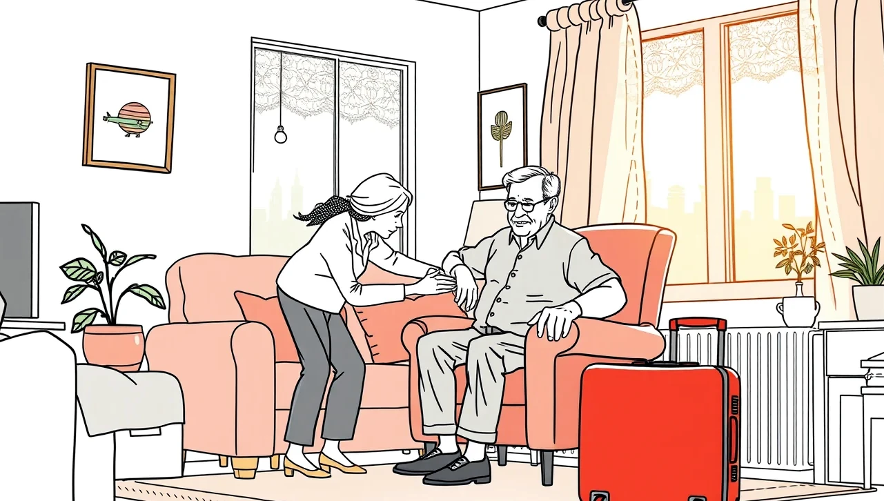 Žena s kufrom a cestovnou taškou kontroluje dokumenty pred odchodom