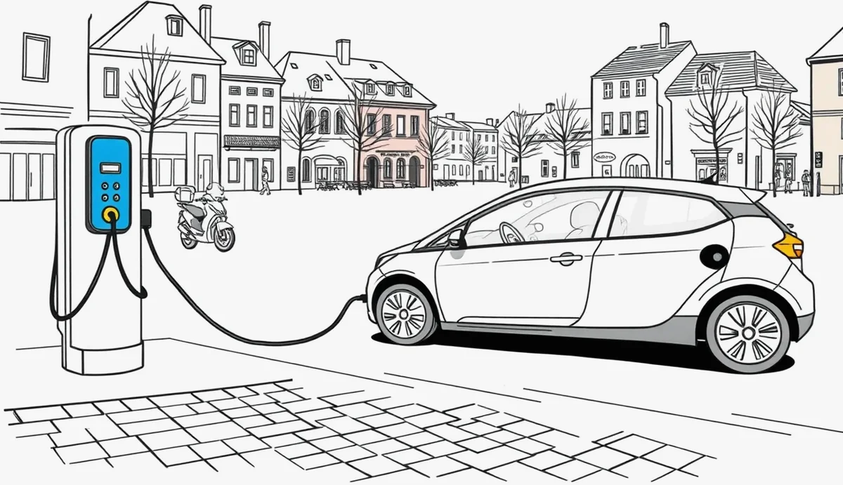 Detail nového elektrického auta pripojeného na nabíjaciu stanicu pred administratívnym prihlásením