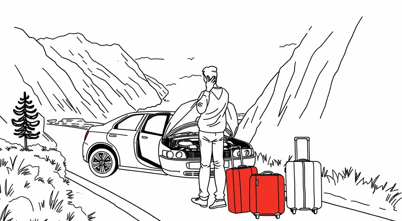 Osobné auto zaparkované na horskej ceste s otvoreným kufrom počas cesty na Balkán