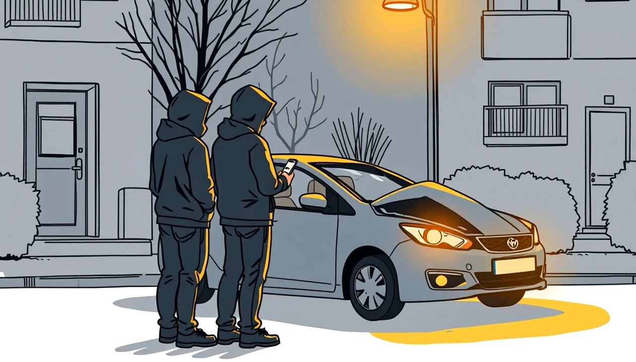 Policajný zápis o krádeži motorového vozidla položený na stole vedľa kľúčov a dokladov od auta