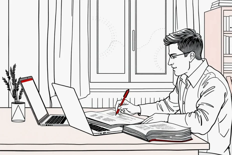 Prekladateľ kontroluje zmluvu a odborné texty na notebooku s perom v ruke