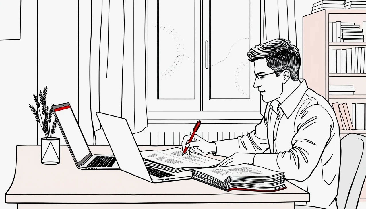 Prekladateľ kontroluje zmluvu a odborné texty na notebooku s perom v ruke