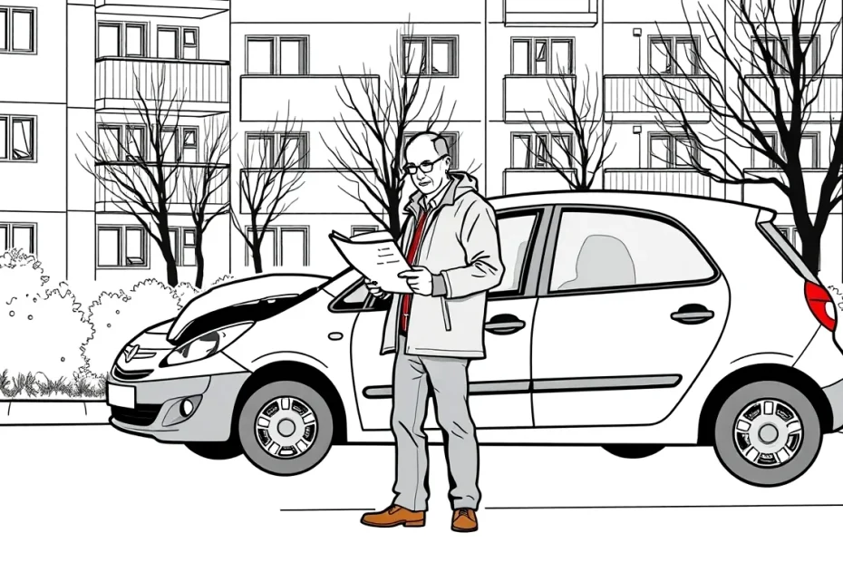 Vodič porovnáva ponuky poistenia pre staršie rodinné auto na parkovisku