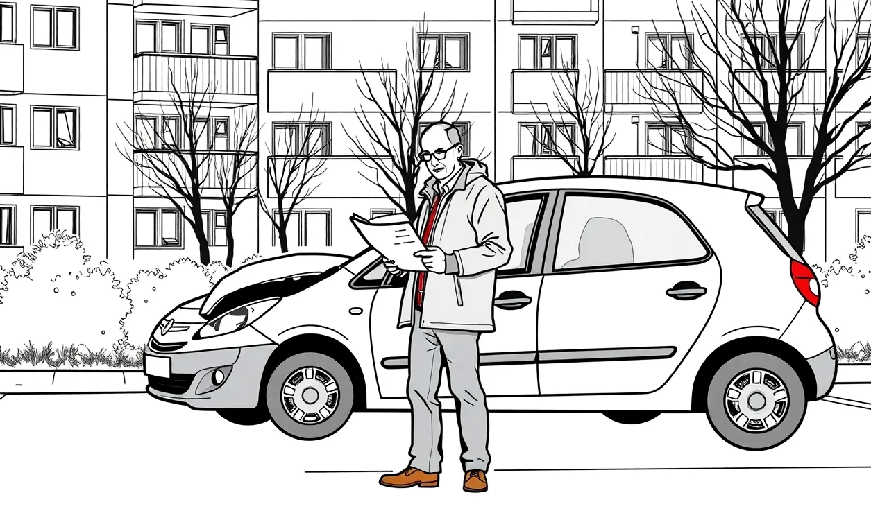 Vodič porovnáva ponuky poistenia pre staršie rodinné auto na parkovisku