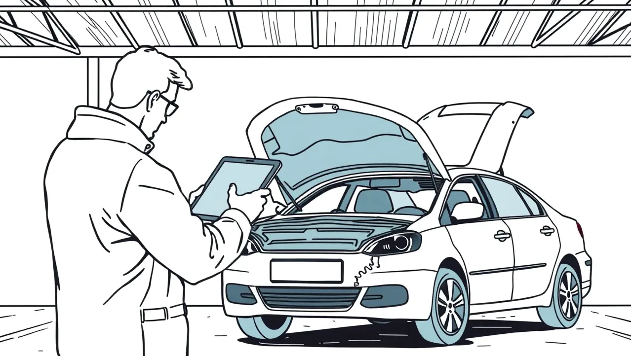 Servisný technik nastavuje geometriu a kalibruje radarové senzory vozidla