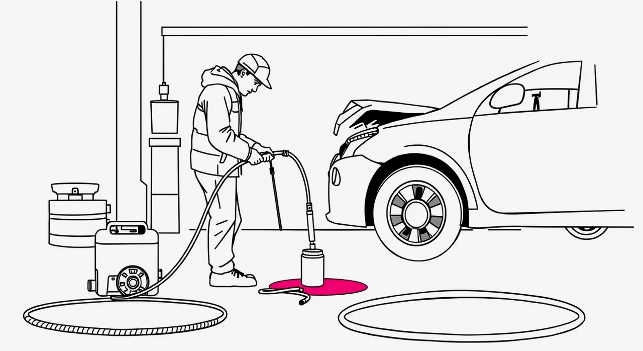 Automechanik v servise kontroluje demontovaný palivový systém a vstrekovače motora