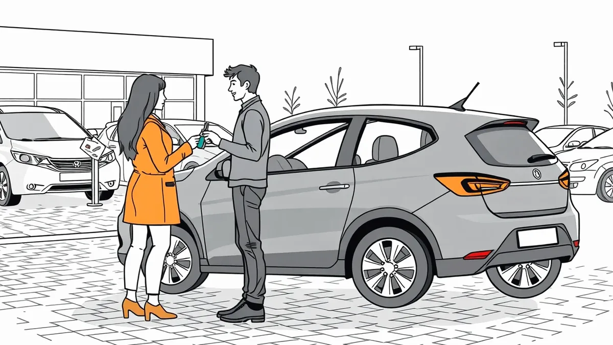 Podnikateľ podpisujúci poistnú zmluvu a preberajúci kľúče od nového úžitkového automobilu