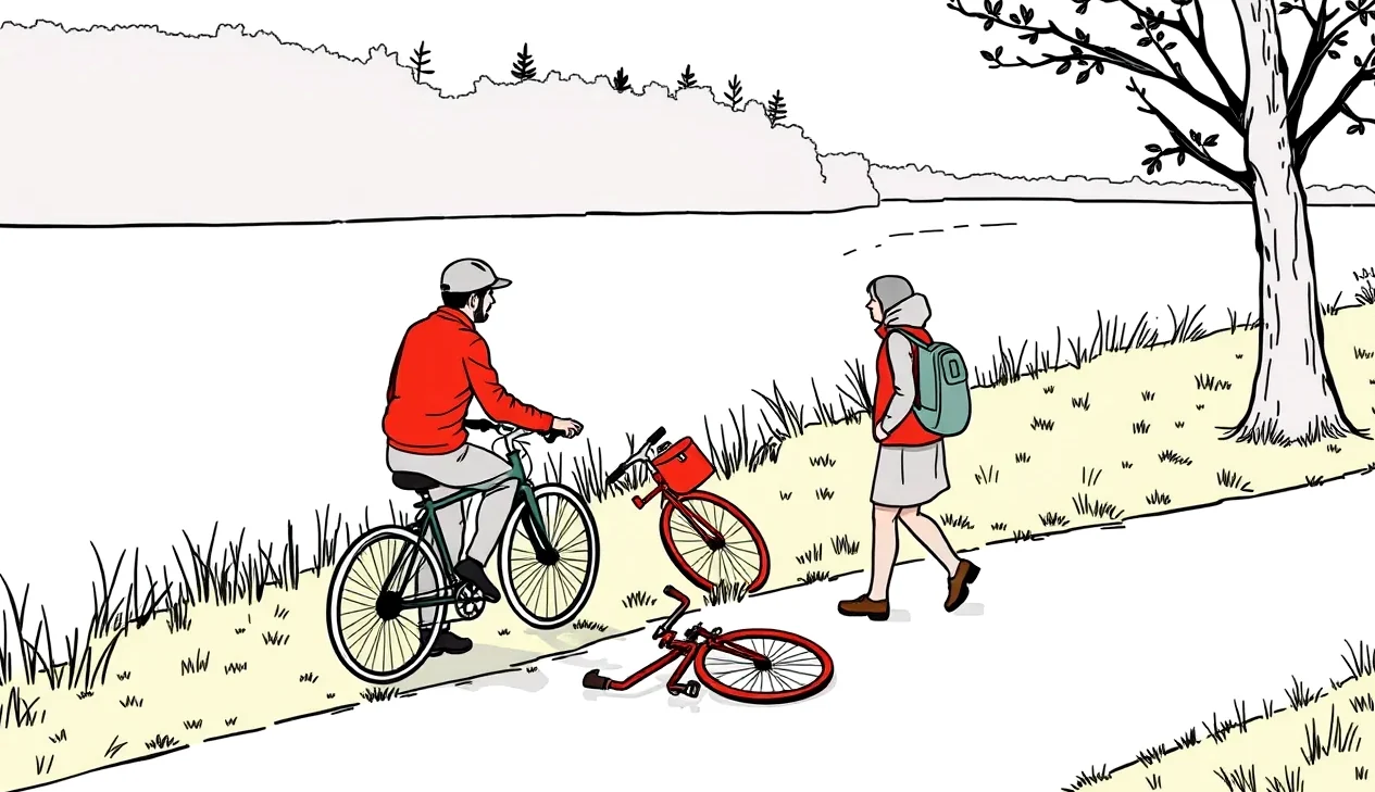 Záchranár ošetruje zraneného cyklistu pri spadnutom bicykli na okraji cesty
