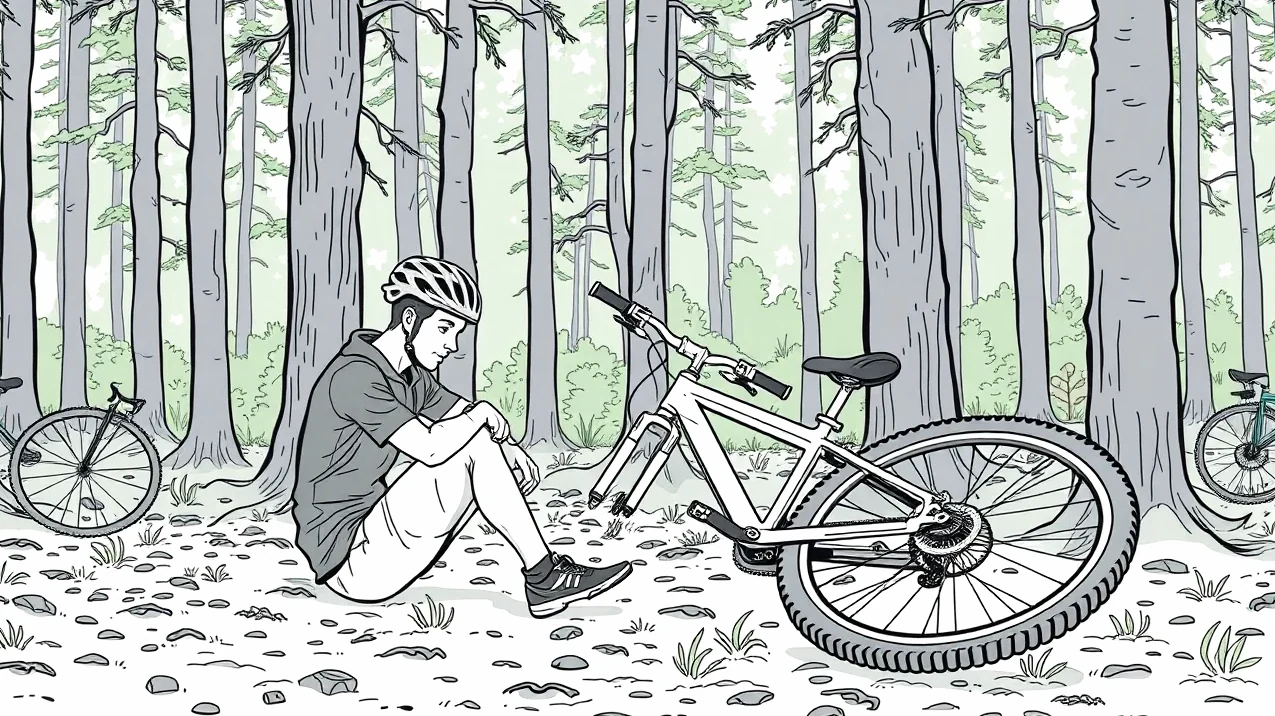 Cyklista kontroluje poškodený rám bicykla a prilbu po kolízii na križovatke