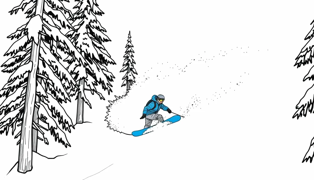 Detail snowboardového viazania a dosky položenej na zasneženom svahu vedľa označenia trate