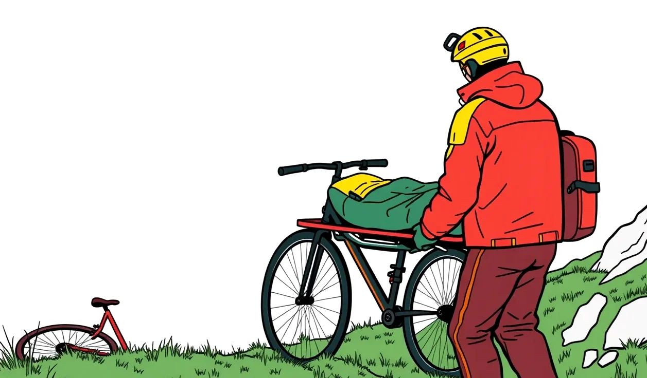 Horský záchranár ošetruje cyklistu so zranenou nohou na lesnom traile