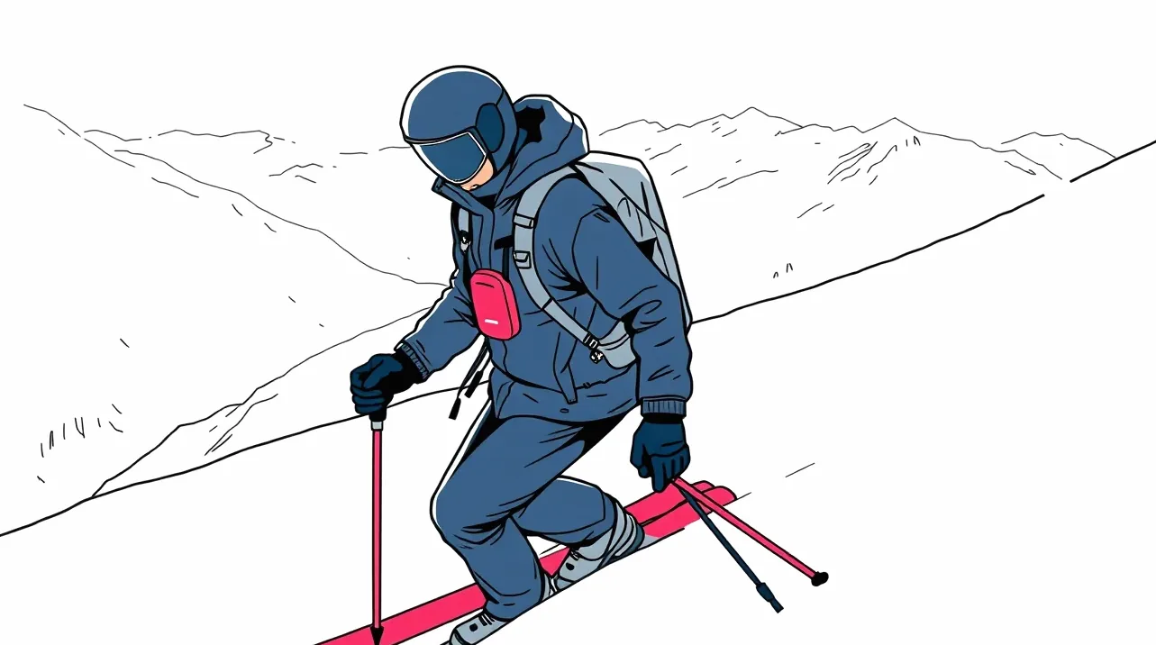 Skialpinista stúpajúci na lyžiach po zasneženom horskom hrebeni