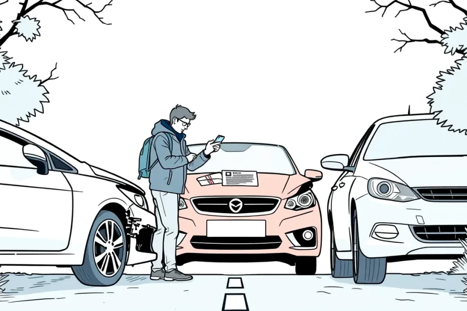 Vodič vypĺňa záznam o dopravnej nehode pri poškodenom automobile