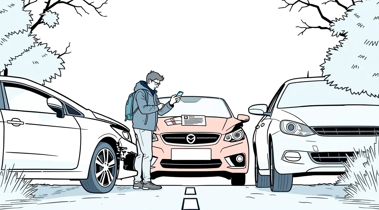 Vodič vypĺňa záznam o dopravnej nehode pri poškodenom automobile
