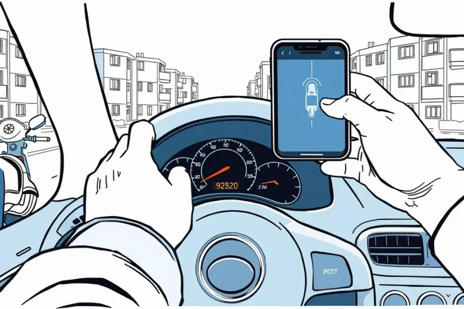 Vodič sleduje telematickú aplikáciu v smartfóne pripevnenom na palubnej doske auta