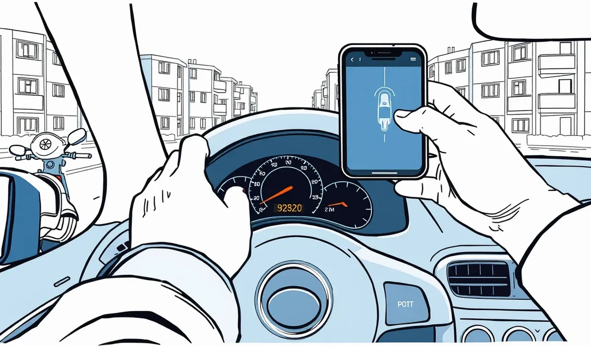 Vodič sleduje telematickú aplikáciu v smartfóne pripevnenom na palubnej doske auta