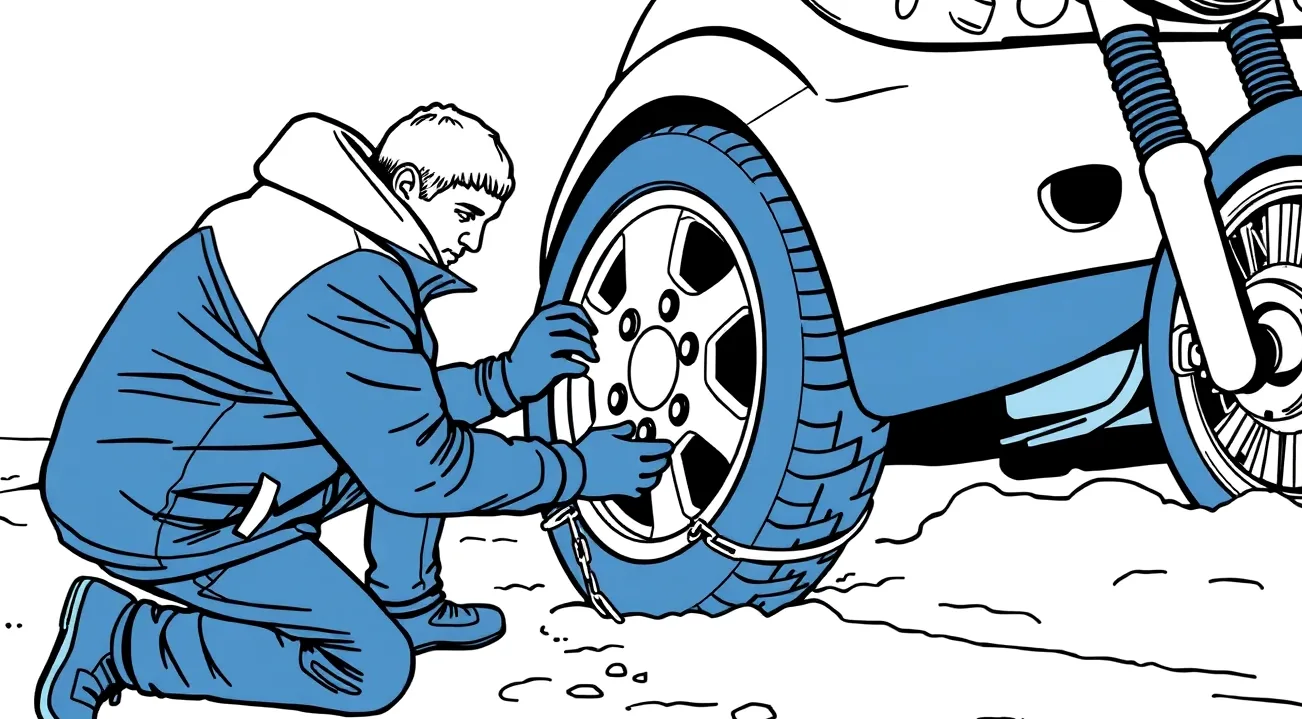 Montáž snehových reťazí na koleso osobného automobilu na krajnici pri horskom priesmyku