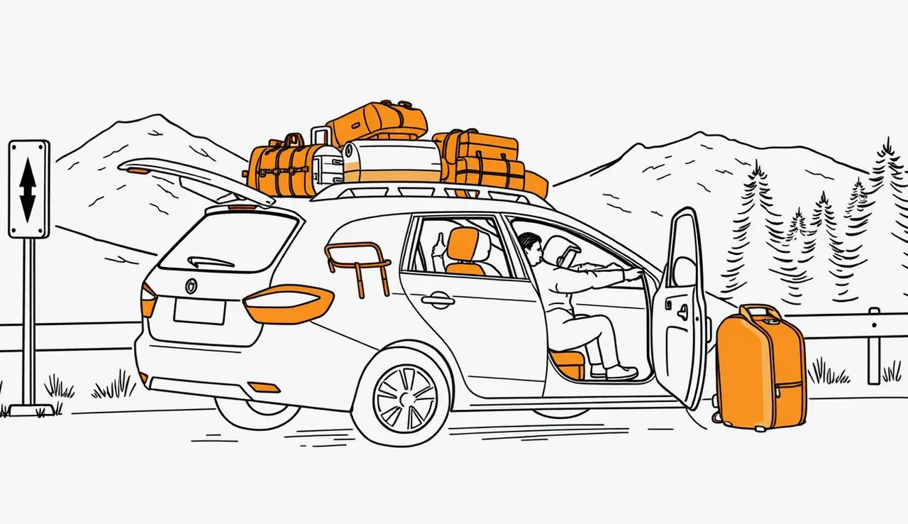 Rodinné auto zaparkované na horskej ceste počas letnej dovolenky v zahraničí