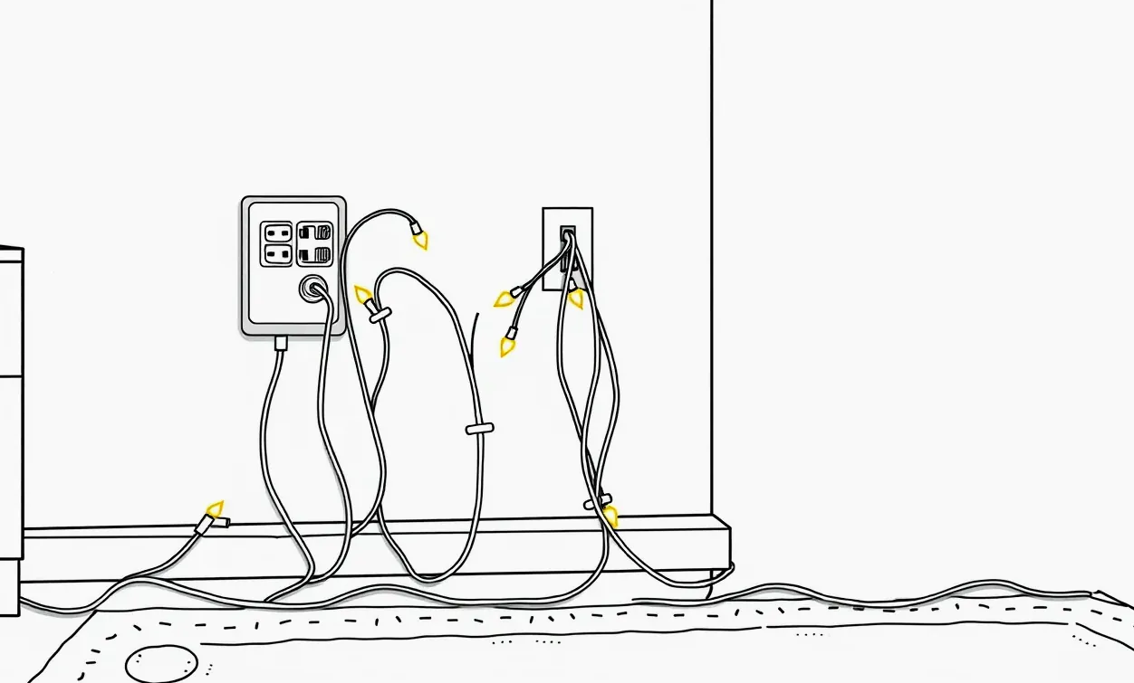 Elektrické zásuvky a predlžovacie káble s vianočným osvetlením v byte